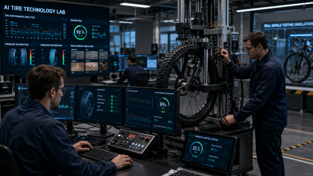 Engineers testing AI bicycle tire technology with smart sensors and performance simulations