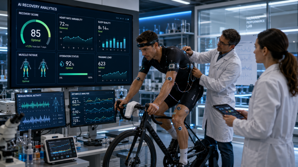 Engineers testing AI cycling recovery technology with biometric sensors and performance analytics
