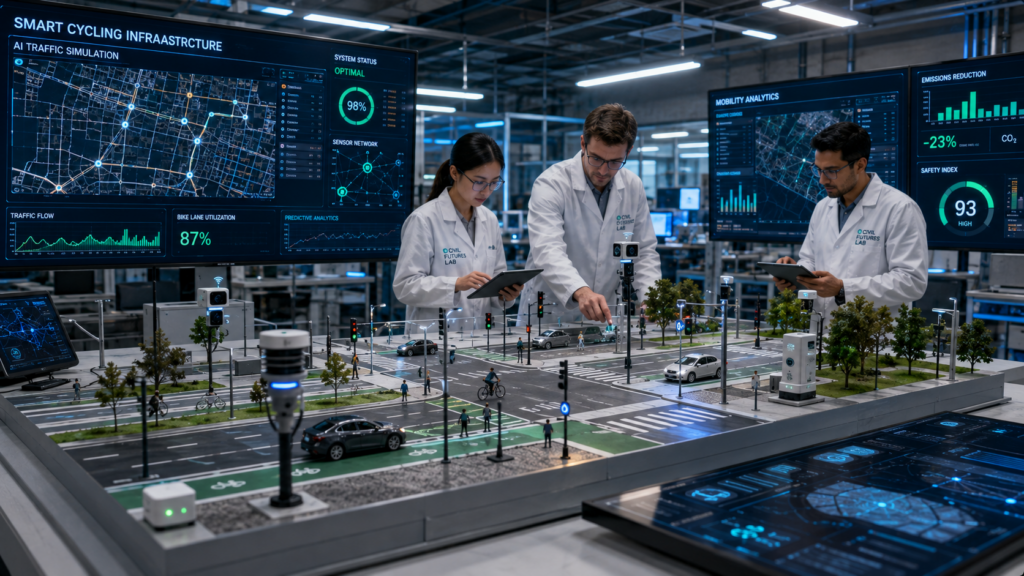 Engineers testing AI smart cycling infrastructure with connected mobility simulations