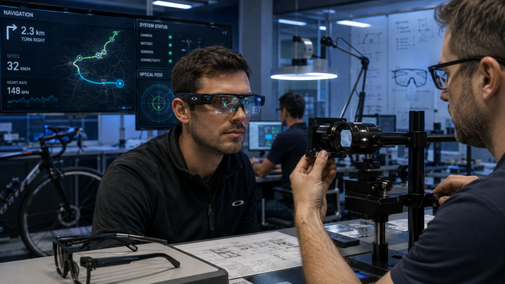 Engineers testing AR cycling glasses with optical technology and digital navigation simulations
