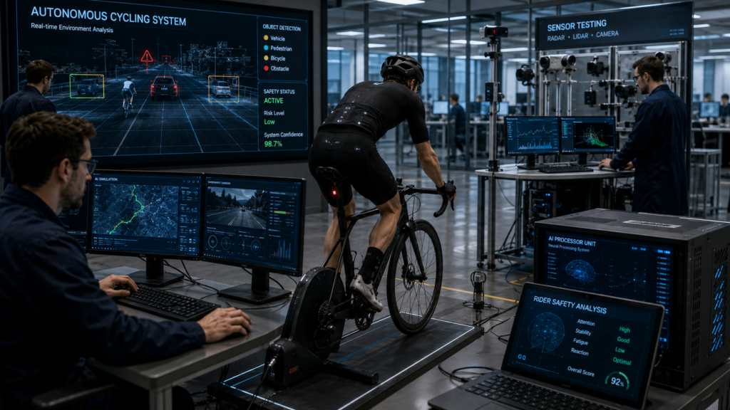 Engineers testing autonomous bicycle technology with AI sensors and safety simulation systems