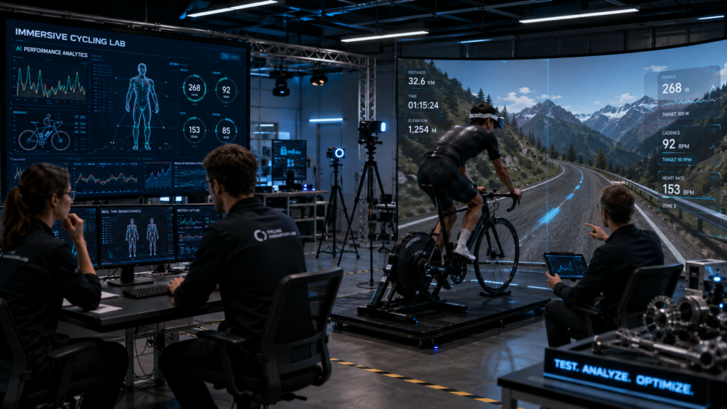 Engineers testing immersive cycling technology with VR systems and AI training simulations