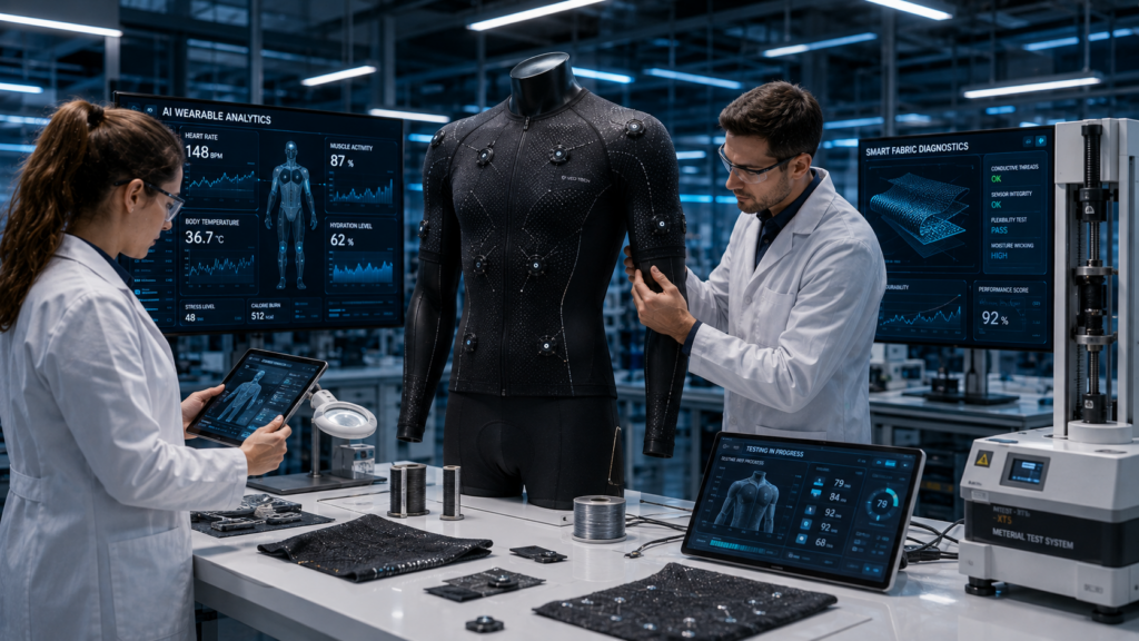 Engineers testing smart cycling clothing with biometric sensors and wearable technology analytics