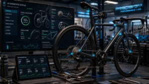 Smart bicycle connected to AI diagnostic system analyzing drivetrain, brakes, tires, and frame health