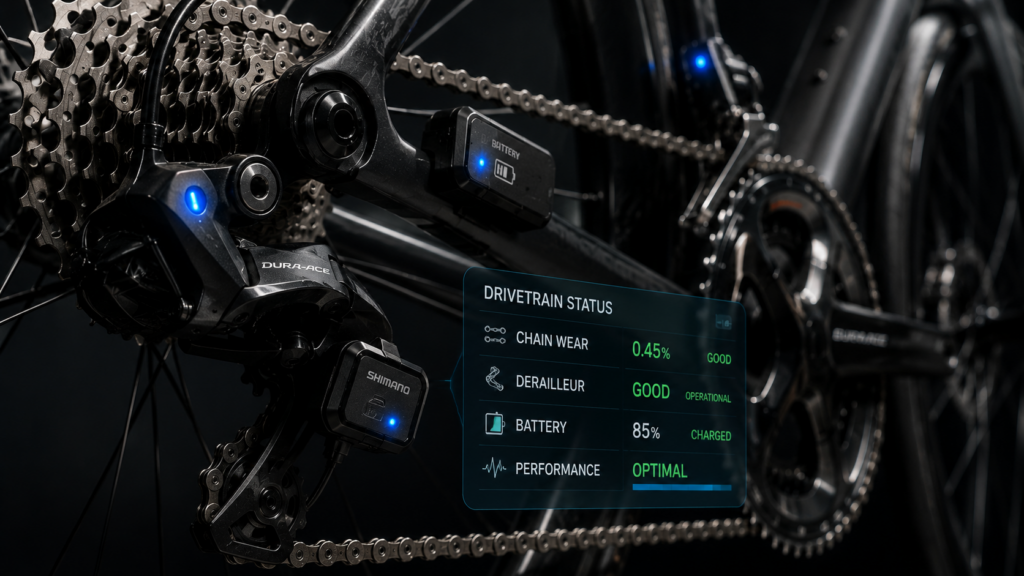 Smart bicycle drivetrain sensors monitoring chain wear and electronic component condition