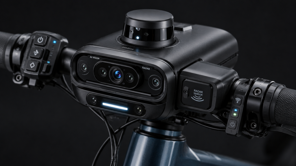 Smart bicycle sensor system with AI cameras, radar modules, and connected safety technology
