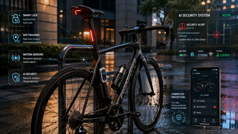Smart bicycle with AI security system, GPS tracking, and digital theft prevention alerts