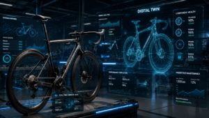 Smart bicycle with digital twin hologram showing virtual performance model and sensor analytics
