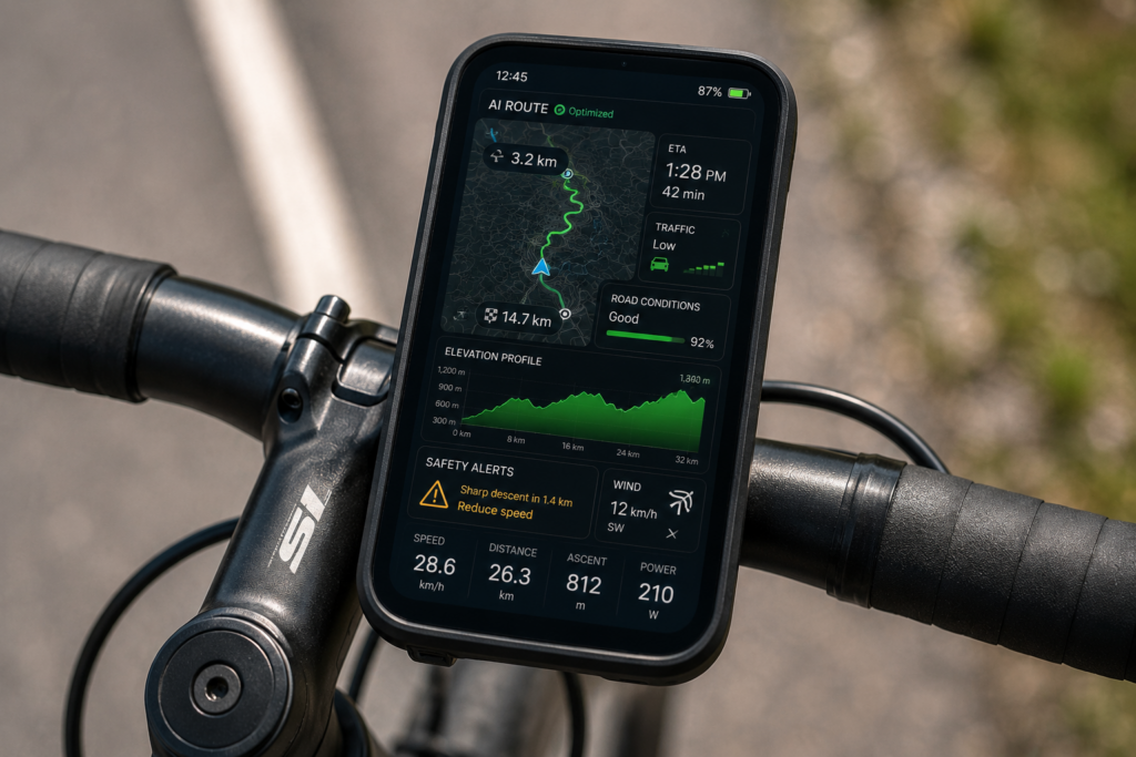 Smart cycling computer displaying AI route planning, traffic alerts, and elevation data