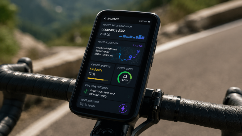 Smart cycling computer displaying AI virtual coach dashboard with training and route recommendations