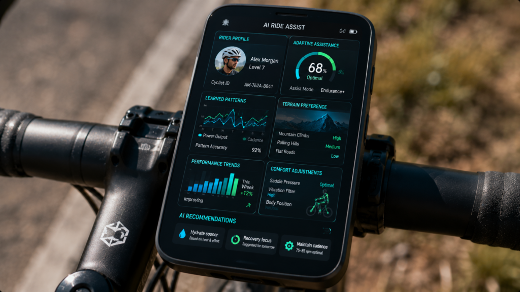 Smart cycling computer showing AI bicycle personalization dashboard with adaptive rider settings