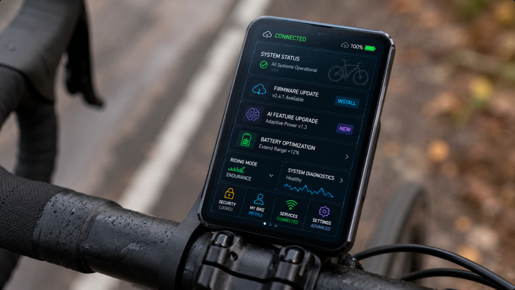 Smart cycling computer showing firmware updates and connected bicycle software features