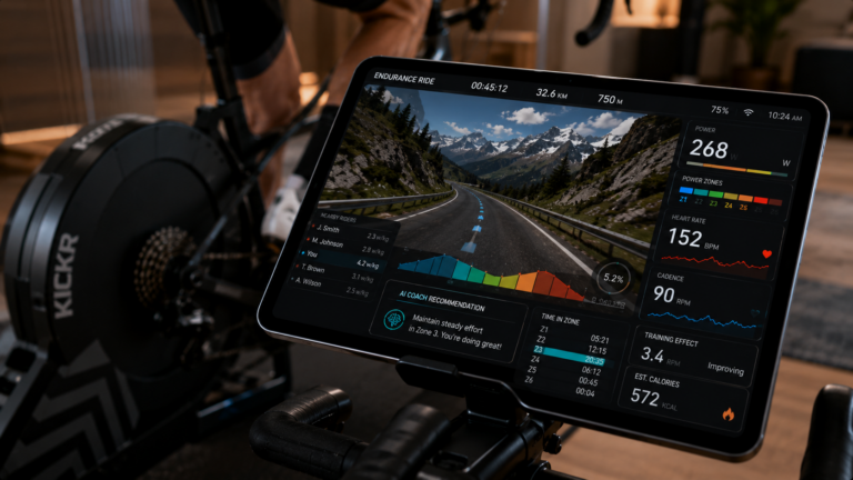 Smart trainer displaying virtual cycling environment with AI training