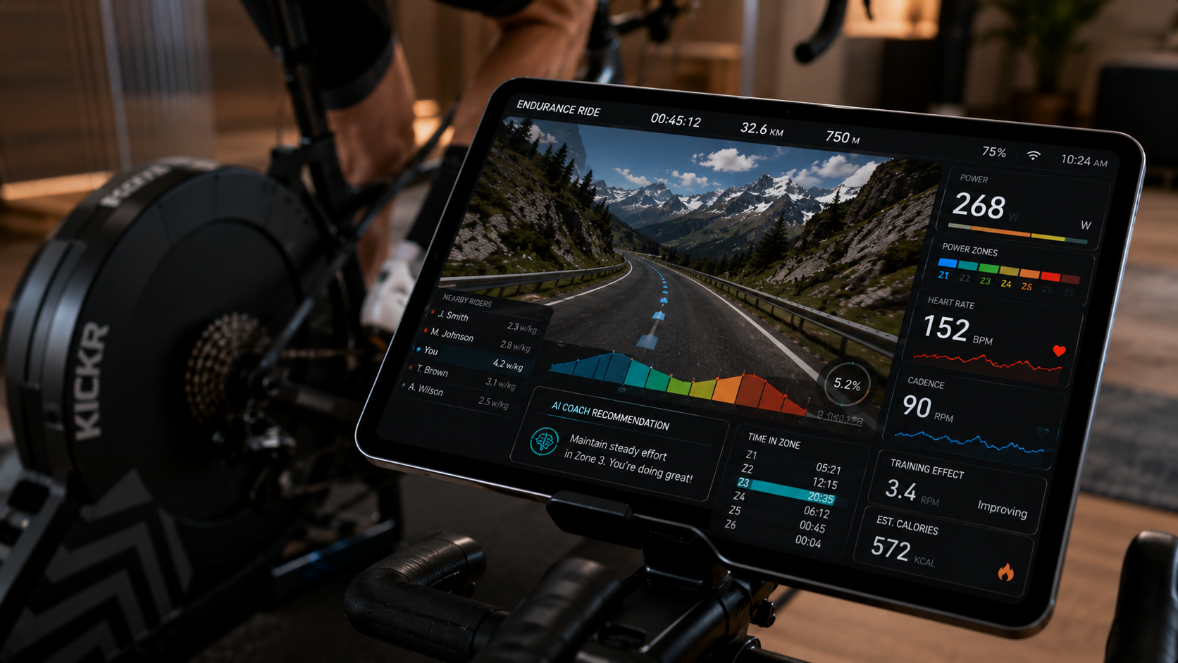 Smart trainer displaying virtual cycling environment with AI training