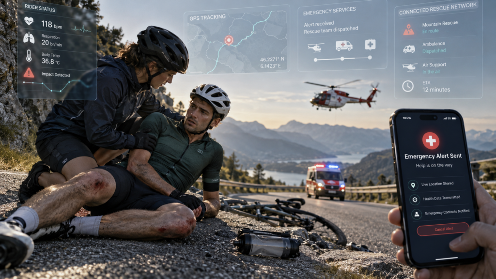 AI connected bicycle system sending emergency alerts and rider location information after crash detection