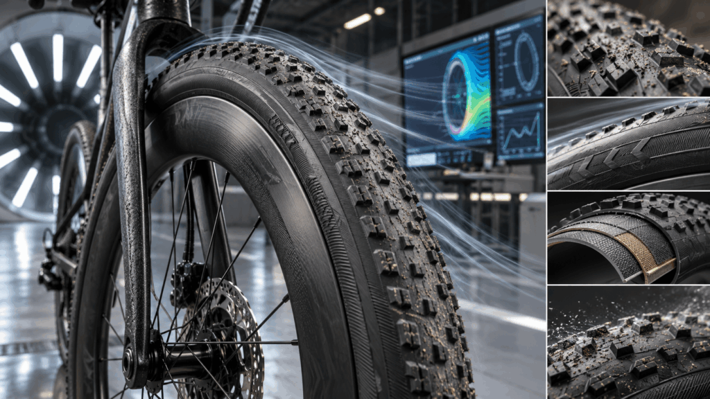 Aero gravel tire with sidewall vortex generators, trip strips, and tubeless casing