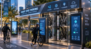 Autonomous smart bike parking station with AI storage and connected urban cycling technology
