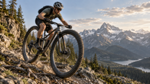 Cross-country mountain bike with 32-inch wheels rolling over rocky terrain