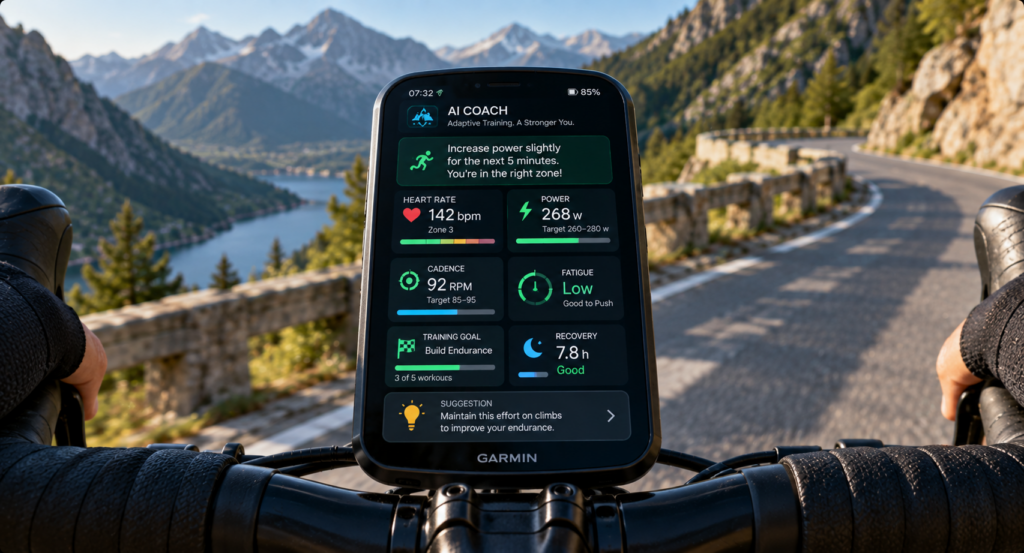 Cycling computer displaying AI coaching dashboard with adaptive training recommendations