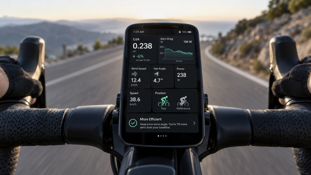 Cycling computer displaying live CdA, wind data, and aerodynamic efficiency measurements