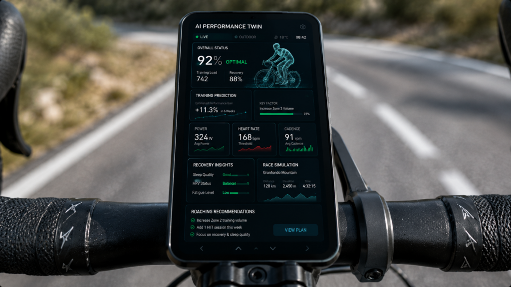 Cycling computer showing AI performance twin dashboard with rider analytics and predictions