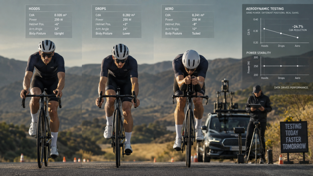Cyclist comparing riding positions using live CdA data and on-bike aerodynamic testing