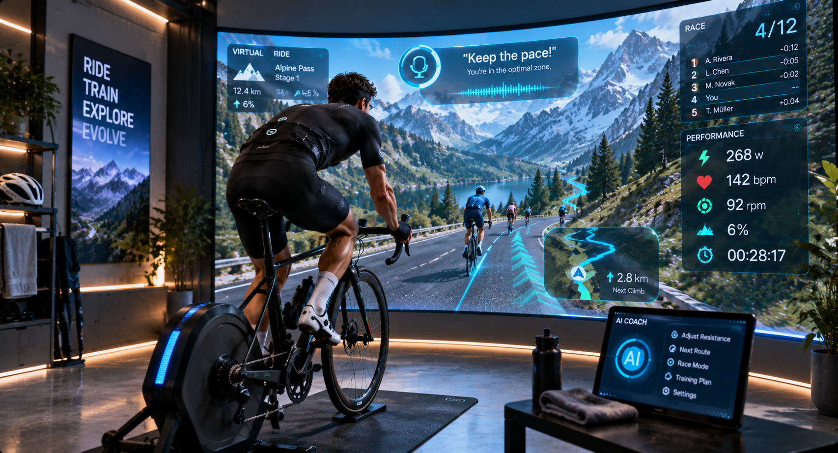 Cyclist experiencing immersive virtual cycling world with AI-generated environments and smart trainer technology