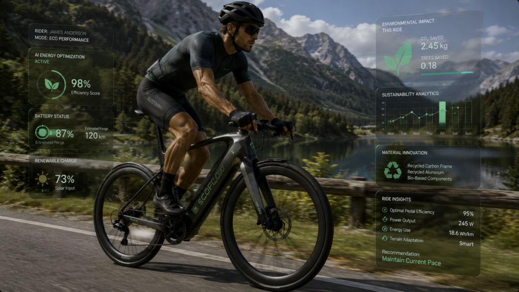 Cyclist riding sustainable smart bicycle with AI efficiency and environmental analytics