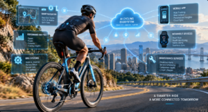 Cyclist using AI bicycle digital ecosystem connecting smart bike apps and cloud platforms