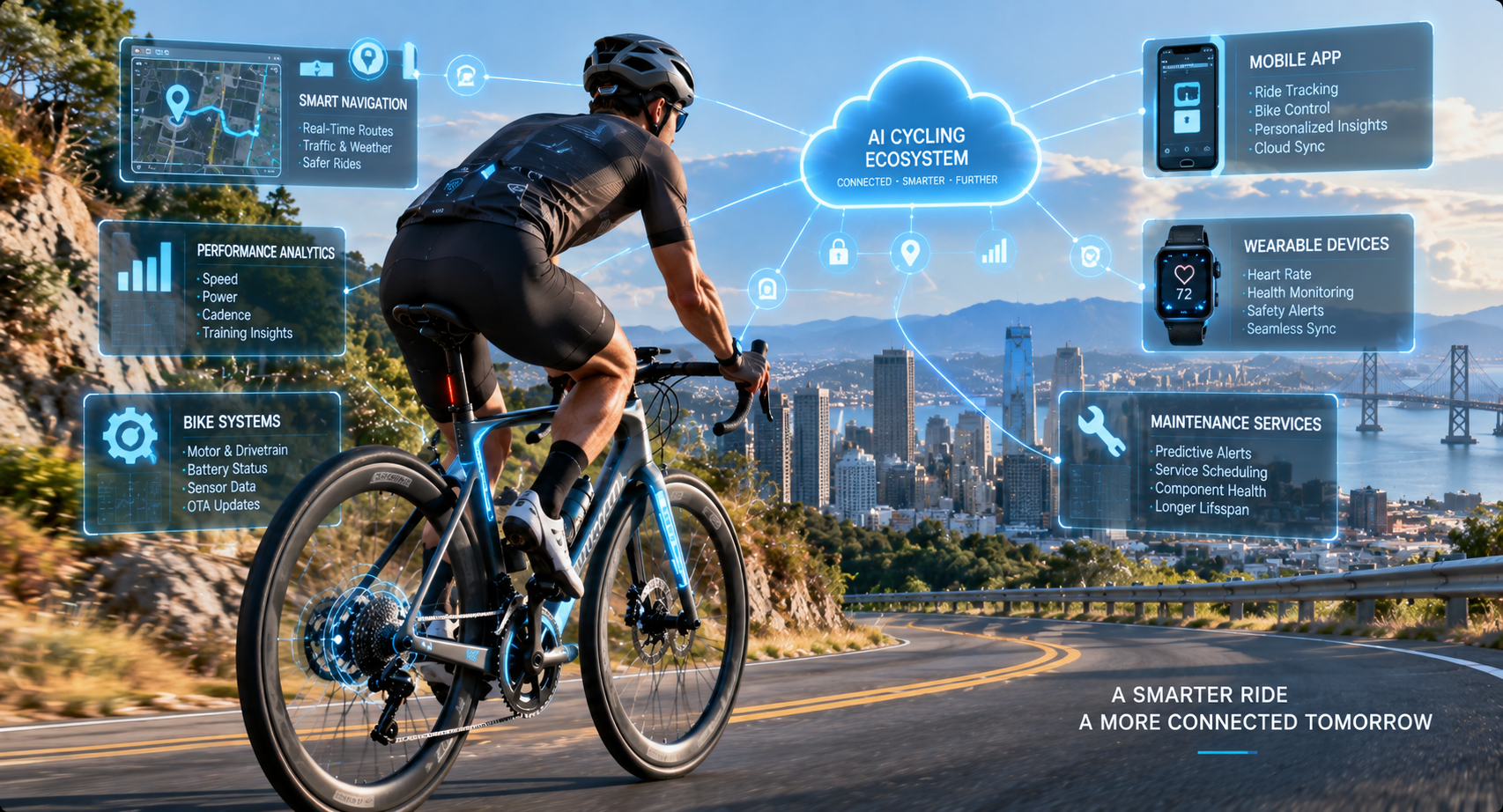 Cyclist using AI bicycle digital ecosystem connecting smart bike apps and cloud platforms
