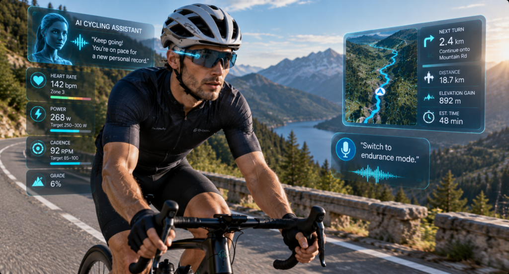 Cyclist using AI digital assistant with voice control and smart bike ride guidance technology