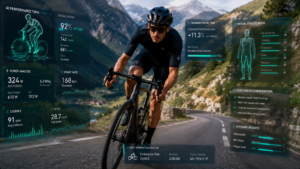 Cyclist using AI digital athlete twin with predictive performance analysis and virtual rider modeling