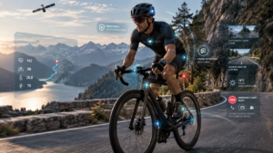 Cyclist using AI emergency response system with crash detection and automatic safety alerts