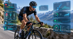 Cyclist using AI health monitoring system with biometric sensors and wellness analytics