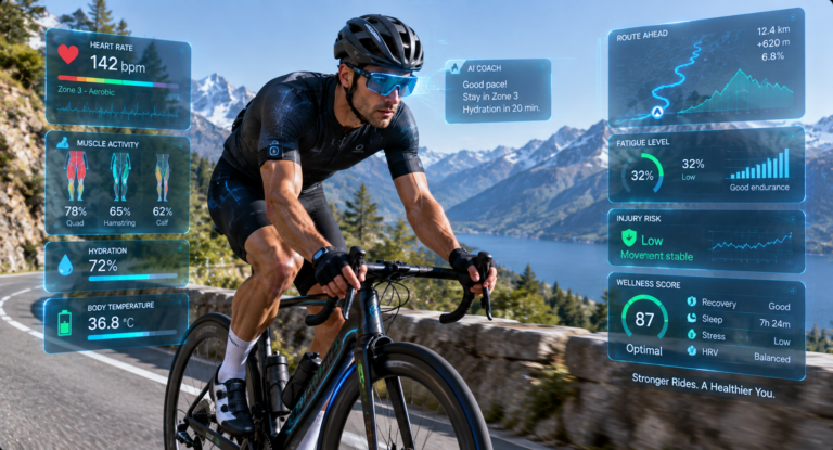 Cyclist using AI health monitoring system with biometric sensors and wellness analytics