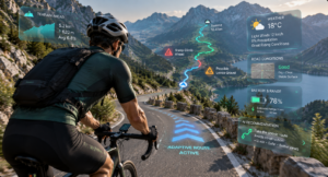 Cyclist using AI terrain analysis and smart navigation technology for safer route planning
