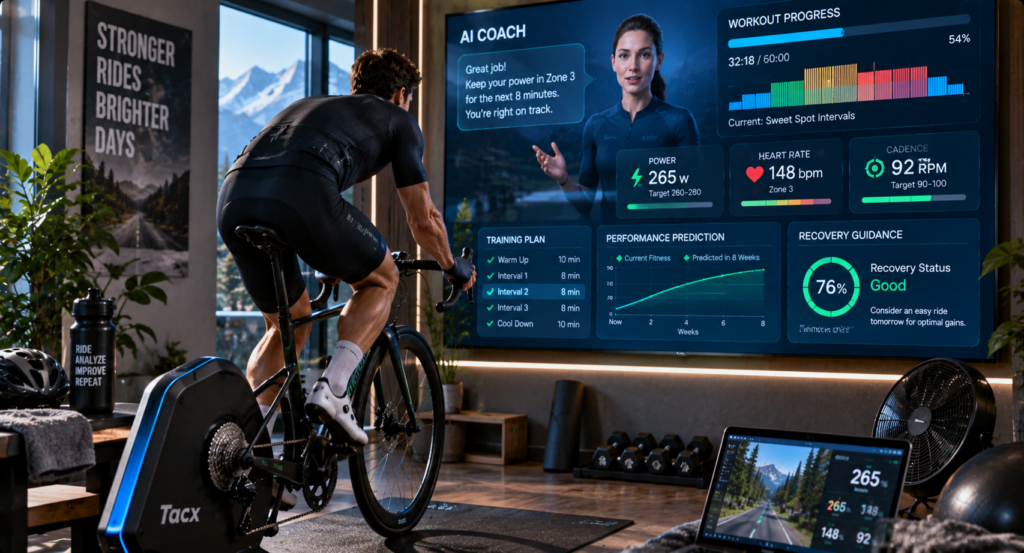 Cyclist using AI virtual coach simulation with personalized smart trainer workouts