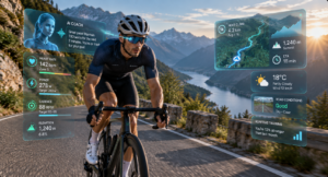 Cyclist using AI virtual coach with real-time training feedback and adaptive performance guidance