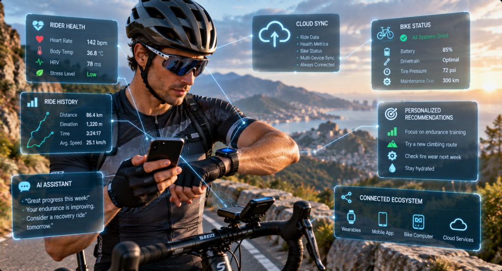 Cyclist using connected smart bike ecosystem with wearable devices and AI services