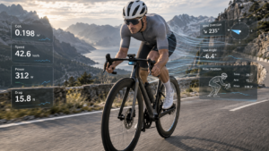 Cyclist using real-time CdA sensor for aerodynamic drag analysis on a mountain road