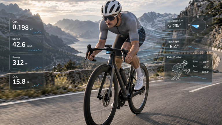 Cyclist using real-time CdA sensor for aerodynamic drag analysis on a mountain road