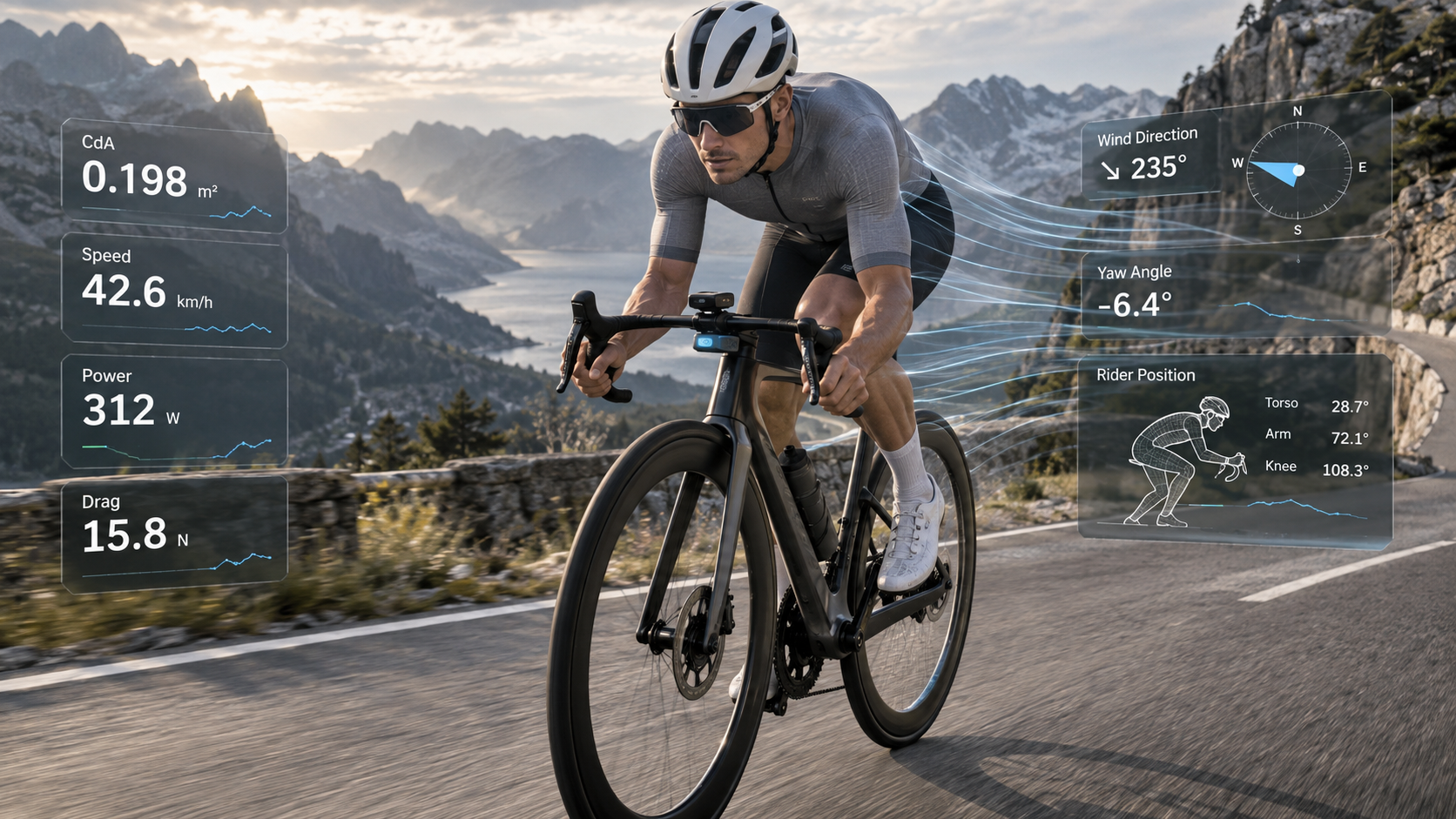 Cyclist using real-time CdA sensor for aerodynamic drag analysis on a mountain road