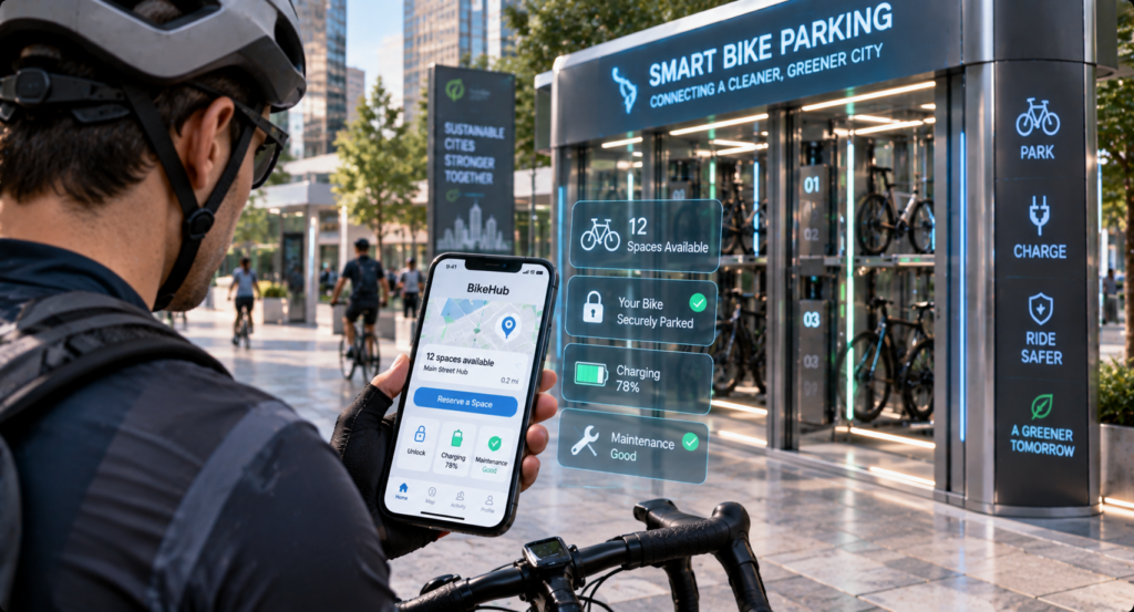 Cyclist using smart bike parking app with connected urban mobility services
