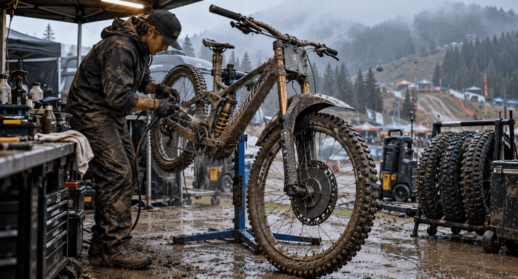 Downhill mechanic fitting a rotor cover and large fender for wet race conditions