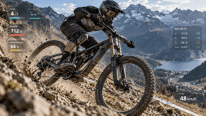 Downhill mountain biker using a wireless 7-speed electronic drivetrain during a race run