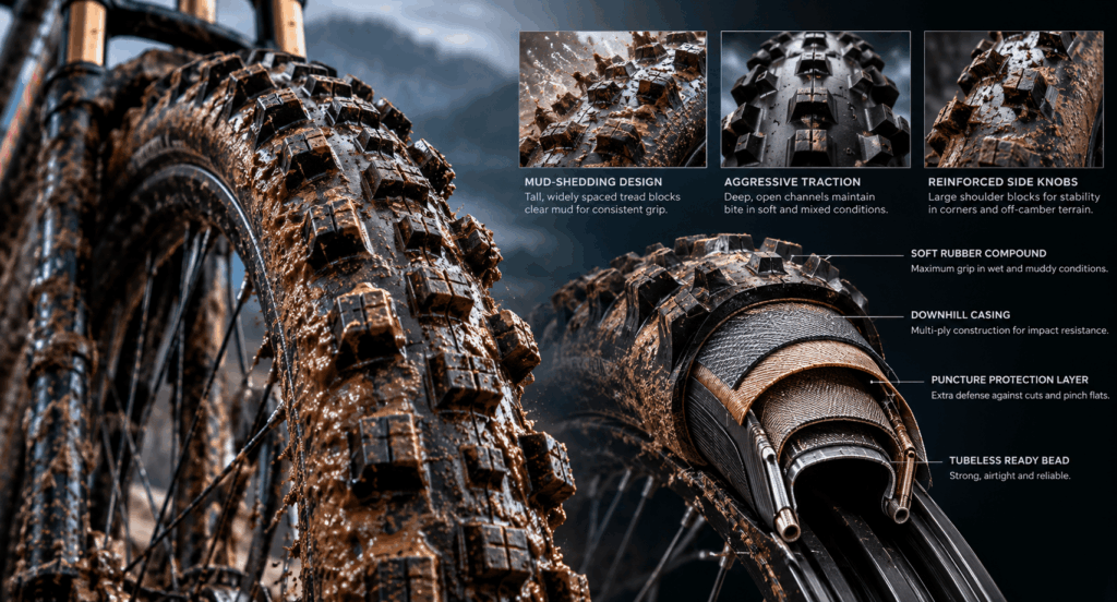 Downhill mud-spike tire with tall open tread for wet and soft race conditions