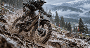 Downhill racer using mud tires and wet-weather bike setup on a rain-soaked course