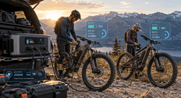 E-bikes charging from a portable power station at a remote mountain trailhead
