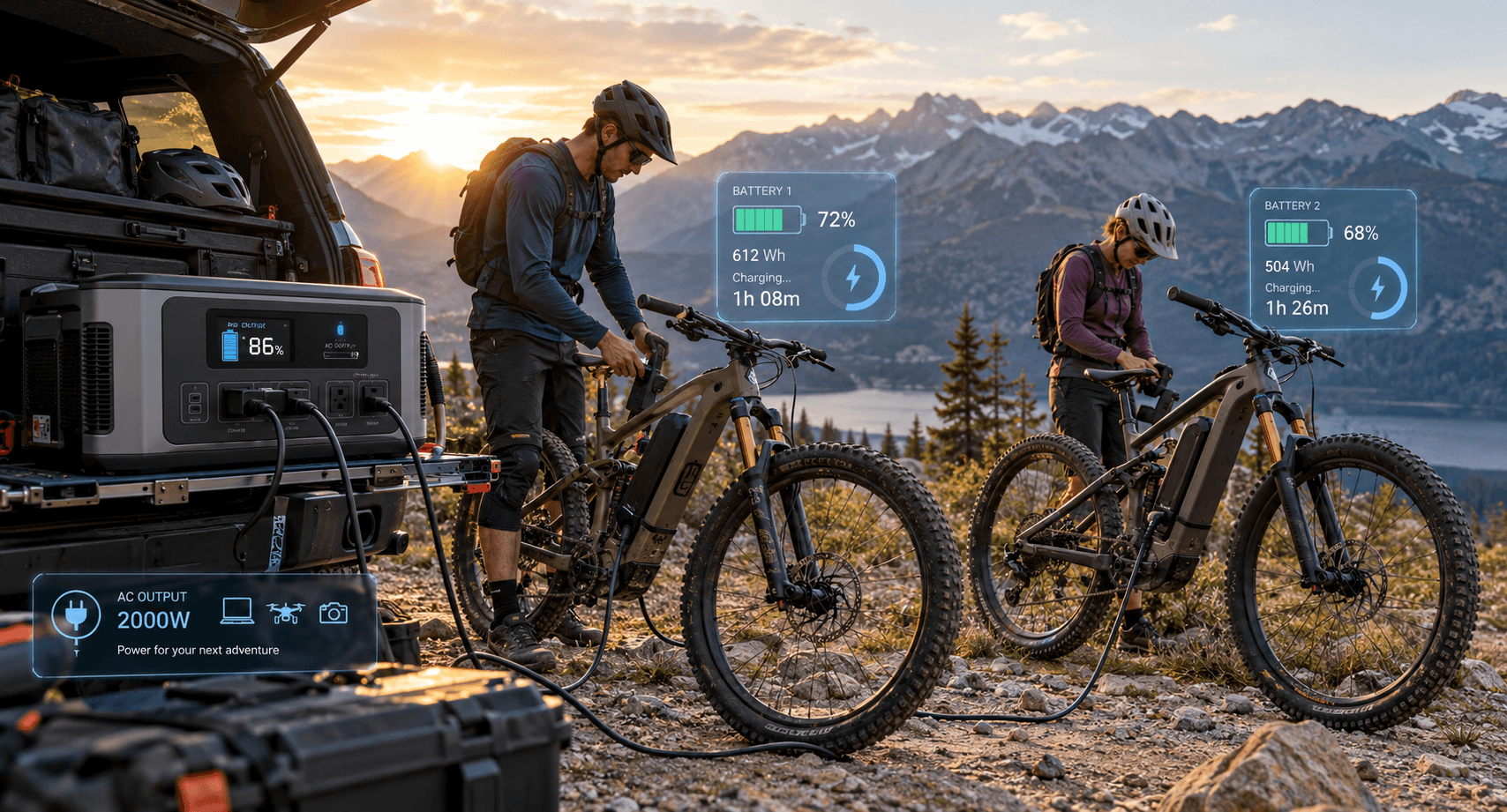 E-bikes charging from a portable power station at a remote mountain trailhead