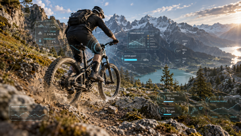 E-mountain biker using rider-intent motor technology with 9-axis motion sensing and adaptive assistance